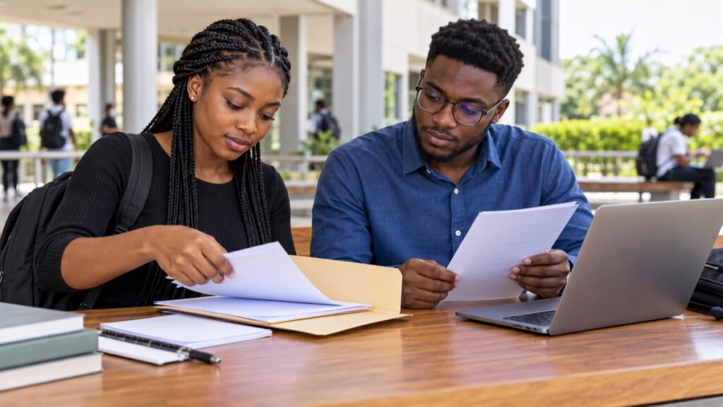 Two Nigerian university students reviewing academic documents beside a laptop