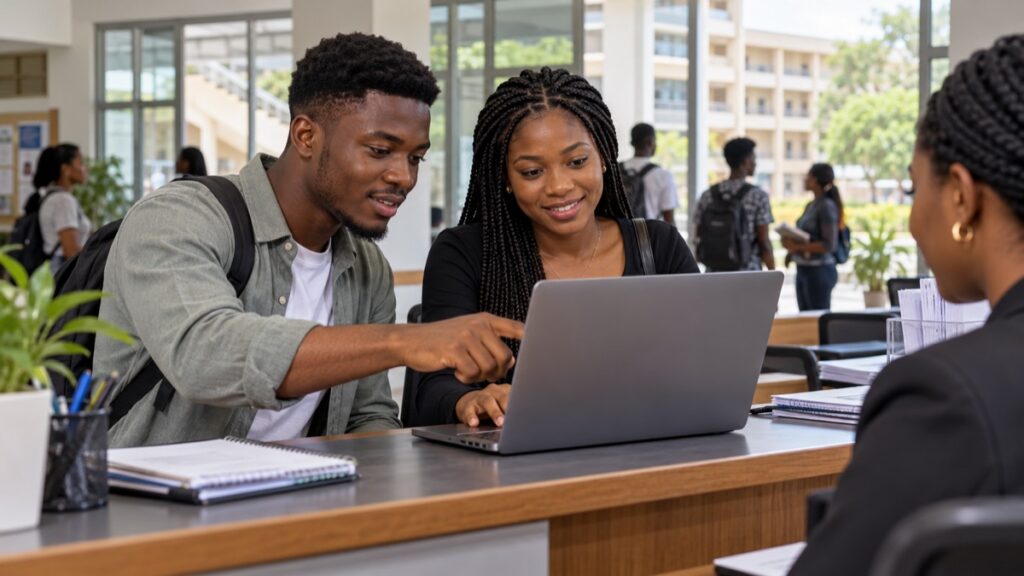 Two Nigerian university students using a laptop at a campus services desk