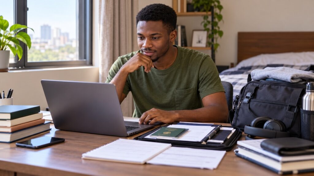 Nigerian graduate checking documents beside a laptop and travel bag