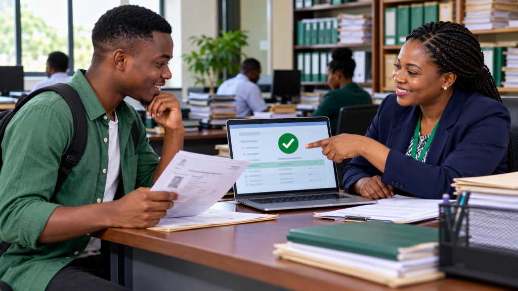 Nigerian student confirming a JAMB matriculation list record with a university officer