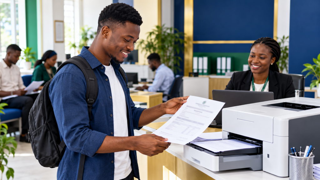 Nigerian student collecting a printed JAMB admission letter
