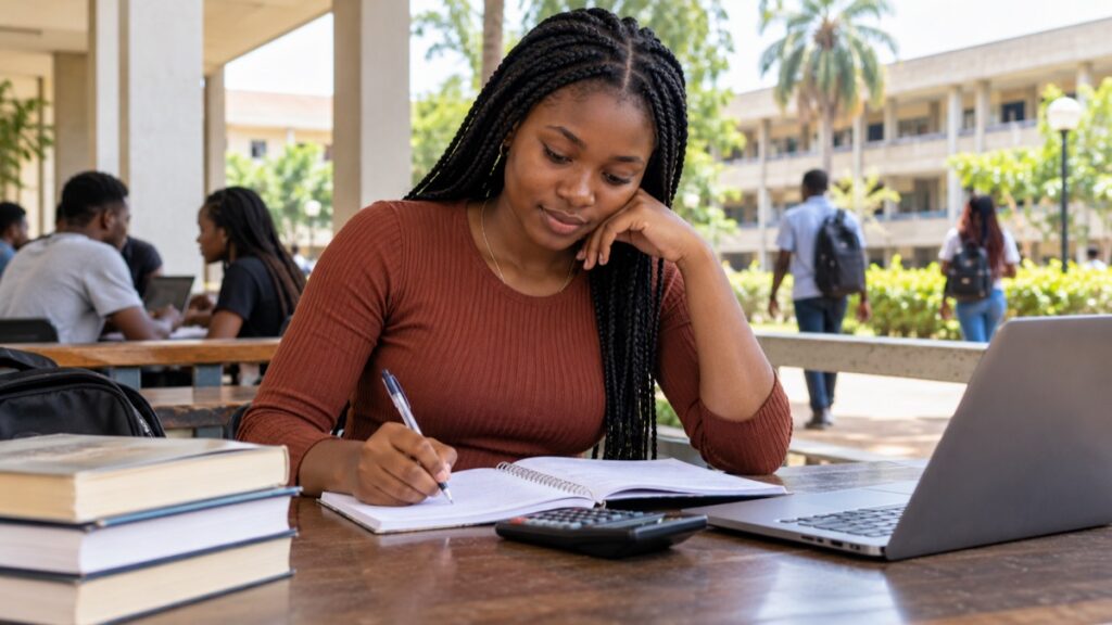 Nigerian university student reviewing a budget with a notebook, calculator and laptop