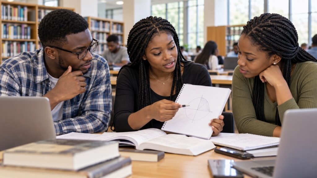 Three Nigerian university students discussing a diagram in a library